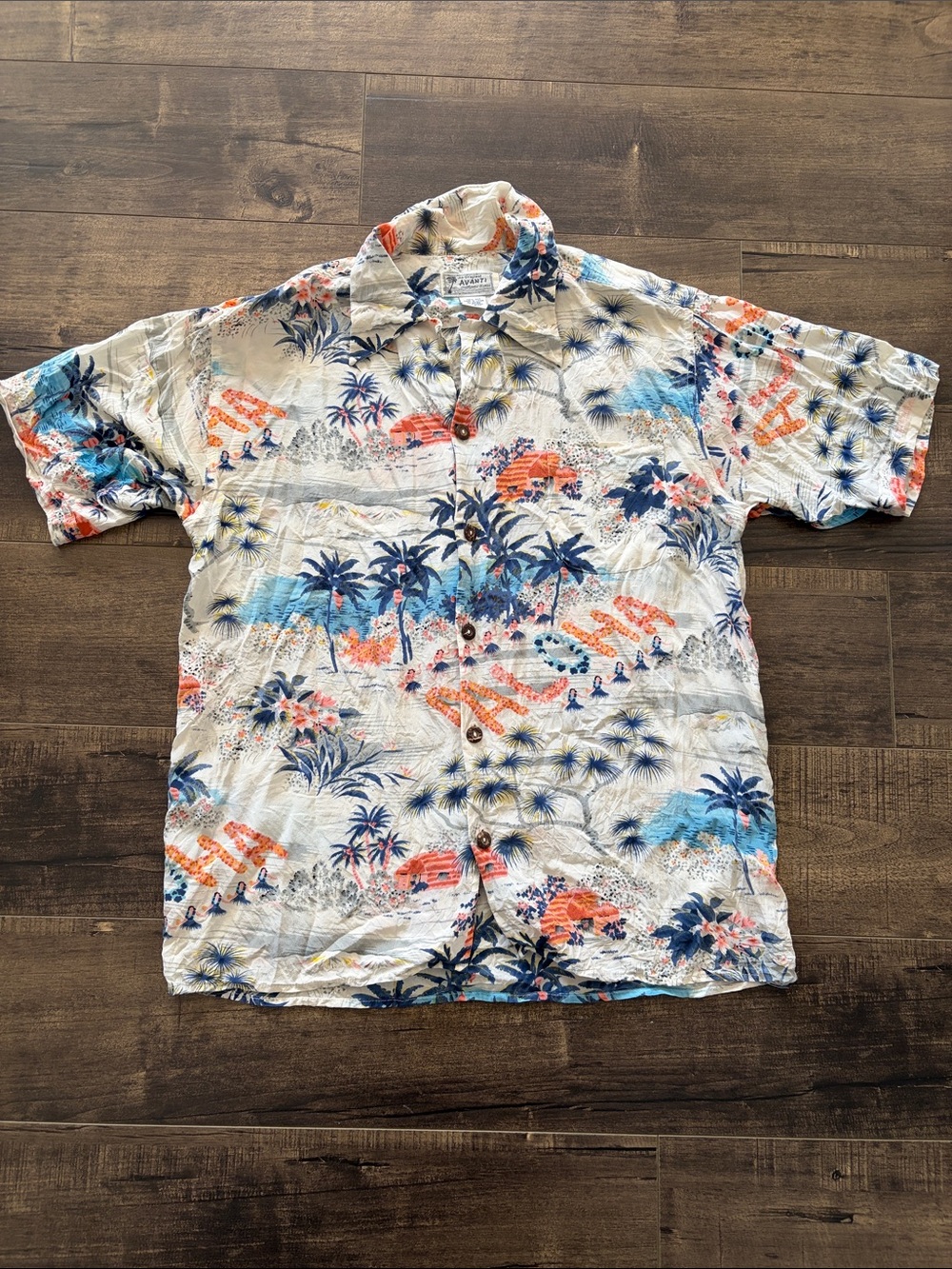 Avanti Cream Hawaiian Button-Down Shirt with Blue and Orange Print